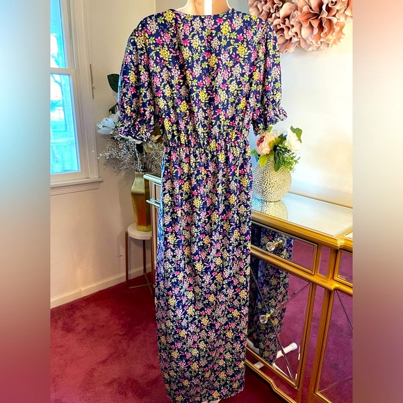 Floral print maxi dress short puff sleeves v-neckline empire waist side slits L - Picture 7 of 8
